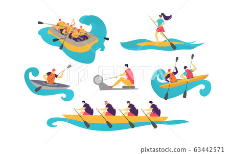 People sport team in boat on water women, man boating with paddle in canoe tourism vector illustration isolated on white. 63442571