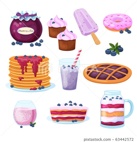 Blueberries dessert with jam, icecream, pancake, berries, milkshake on vector berries illustration isolated on white Blueberries dessert with jam, icecream, pancake, berries, milkshake on vector berries illustration isolated on white 63442572