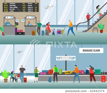Airport vector illustration with airline flight check in desk and people at baggage claim area. Terminal of the airport. Airport vector illustration with airline flight check in desk and people at baggage claim area. Terminal of the airport. 63442574