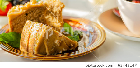 Coffee cake layered with coffee buttercream and 63443147