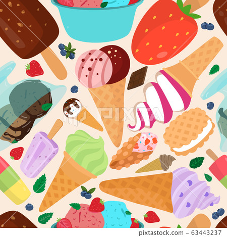 Seamless pattern of colorful types of ice cream, vector illustration of refreshing and delicious summer food. Nutrition concept Seamless pattern of colorful types of ice cream, vector illustration of refreshing and delicious summer food. Nutrition concept 63443237
