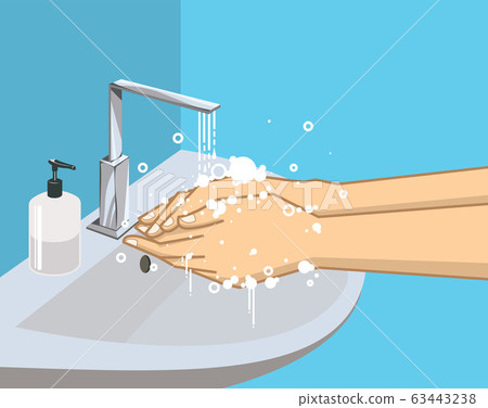 Washing hands with soap under the faucet with Washing hands with soap under the faucet with 63443238