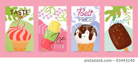 Ice cream card colectionisolated on pink, vector illustration. Tasty summmer desserts on banners, isometric drawings Ice cream card colectionisolated on pink, vector illustration. Tasty summmer desserts on banners, isometric drawings 63443240