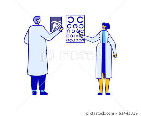 Traumatologist with x-ray and ophthalmologist with eye test showing people problems isolated on white, vector illustration Traumatologist with x-ray and ophthalmologist with eye test showing people problems isolated on white, vector illustration 63443319