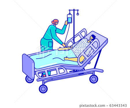Patient in hospital bed with infusion and nurse treating him, isolated on white, vector illustration. medicine and health care. Patient in hospital bed with infusion and nurse treating him, isolated on white, vector illustration. medicine and health care. 63443343