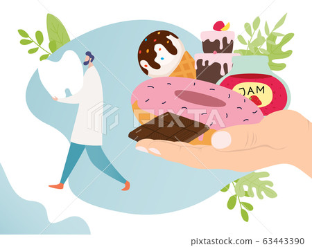 Doctor dentist saving tooth from sugar and sweets, vector illustration. Flat design of tooth care concept over white and blue background 63443390