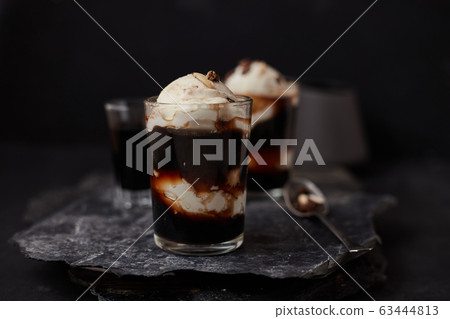Iced coffee with vanilla ice cream. 63444813