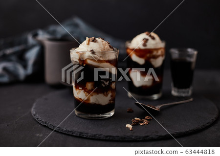 Iced coffee with vanilla ice cream. Iced coffee with vanilla ice cream. 63444818