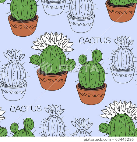 Seamless pattern with cactus and succulents in the pots. Hand drawn background. Vector illustration 63445256