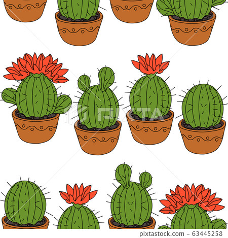 Seamless pattern with cactus and succulents in the pots. Hand drawn background. Vector illustration 63445258