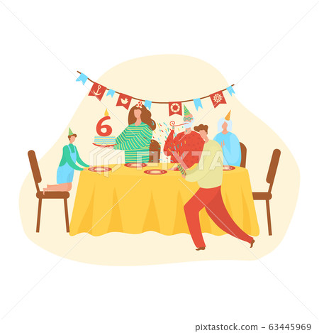 Happy birthday family and kid, number six letter cake decoration, people at celebration, grandfather, grandmother, father, mother and child cartoon vector illustration. 63445969