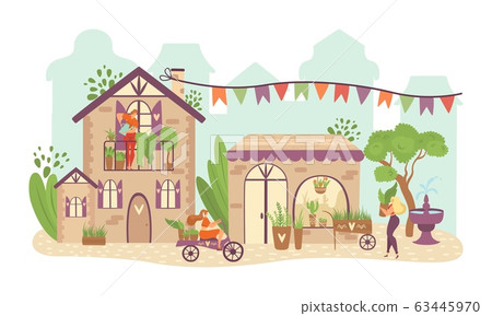 Green city, ecology infrastructure town buildings with greenery plants, trees, nature and people vector illustration. 63445970