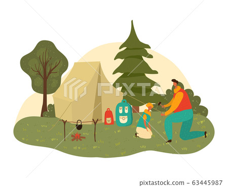 Father dad and child son hiking together at nature park in summer, fatherhood isolated vector illustration. 63445987