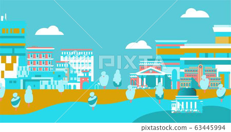 City urban skyline with buildings on blue background citizenship flat vector illustration, cityscape with clouds and trees modern town. 63445994