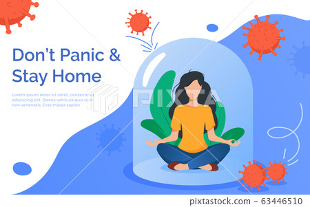 Coronavirus outbreak concept. A girl sits in a meditation pose under a glass cap. Covid-19 virus in air. Staying home with self quarantine. Protect from viruses Coronavirus outbreak concept. A girl sits in a meditation pose under a glass cap. Covid-19 virus in air. Staying home with self quarantine. Protect from viruses 63446510