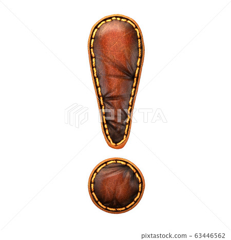 Symbol exclamation mark made of leather. 3D render font with skin texture isolated on white background. Symbol exclamation mark made of leather. 3D render font with skin texture isolated on white background. 63446562