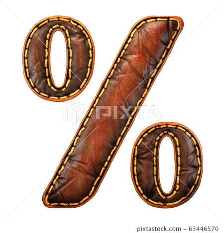 Symbol percent made of leather. 3D render font with skin texture isolated on white background. 63446570