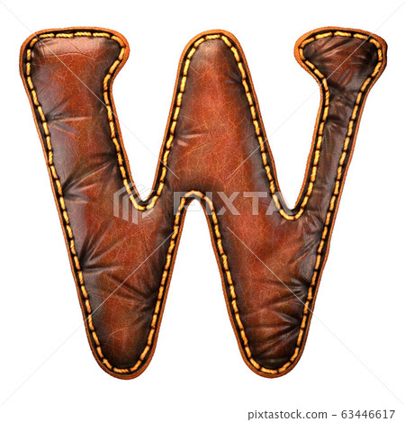 Leather letter W uppercase. 3D render font with skin texture isolated on white background. 63446617