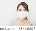 Asian woman was cold and sick, she wear green mask to prevent the virus covid. How to wear and pull mask from face. Covid 19 spread from Chinese people in Wuhan city. Close up face and eyes. 63446807