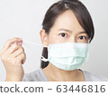Asian woman was cold and sick, she wear green mask to prevent the virus covid. How to wear and pull mask from face. Covid 19 spread from Chinese people in Wuhan city. Close up face and eyes. 63446816