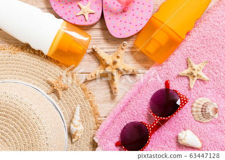 flip flops, straw hat, starfish, sunscreen bottle, flip flops, straw hat, starfish, sunscreen bottle, 63447128