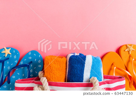 Summer bag background with copy space. Flat lay Summer bag background with copy space. Flat lay 63447130