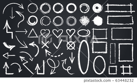 Sketch chalk elements. Sketch chalkboard elements, hand drawn graphic arrows, frames, round and rectangle shapes isolated vector icons set Sketch chalk elements. Sketch chalkboard elements, hand drawn graphic arrows, frames, round and rectangle shapes isolated vector icons set 63448232