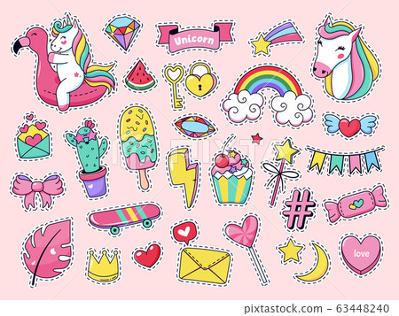 Cute patch badges. Magic fashion doodle patches, fairytale pink rainbow unicorn, ice cream and sweet candy isolated vector illustration icon set 63448240