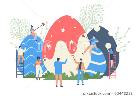 Easter egg colouring. Spring event eggs decorating, characters paint huge easter eggs, spring holiday colorful chocolate egg vector illustration 63448251