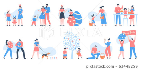 Easter characters. People carrying baskets of eggs, flowers and sweets, celebrating family with happy kids at egg hunting vector illustration set 63448259