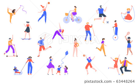 Outdoor activity. Characters jogging and do sports, outdoor healthy activities, riding kick scooter, roller skating and cycling vector icon set 63448264