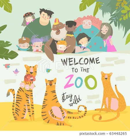 Happy children with parents in zoo with tigers 63448265