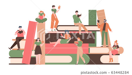 People with books. Reading characters on big books pile, literature fans with huge book stack, reading woman and man isolated vector illustration 63448284