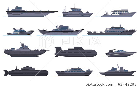 Military ships. Battle combat boats, missile ship, security boats, modern warships and submarine, army weapon battleships vector icons set Military ships. Battle combat boats, missile ship, security boats, modern warships and submarine, army weapon battleships vector icons set 63448293