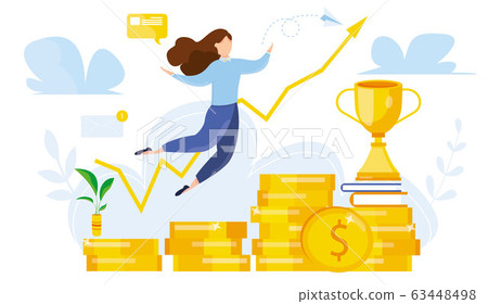 Modern vector illustration of career development. Investment financial concept. Capital and profit. Businesswoman flying on staircase up to the goal. Success, leadership. successful growth rates. 63448498