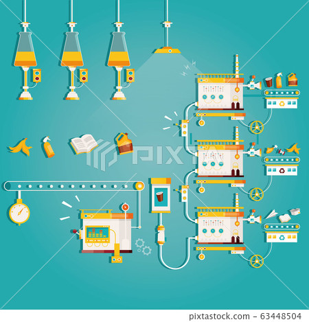 Modern vector illustration of garbage sorting and processing factory. Recycling process of converting waste in new material. Manufacturing of rubbish.Technology of recycle and cleaning industry. 63448504