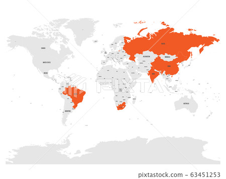 World map with highlighted member countries of BRICS - association of five major emerging national economies - Brazil, Russia, India, China and South Africa 63451253