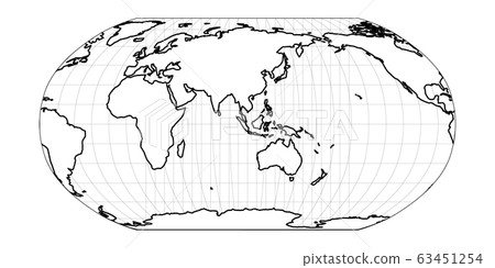 World Map in Robinson Projection with meridians and parallels grid. Asia and Australia centered. White land with black outline. Vector illustration 63451254