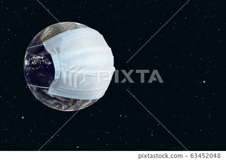 Planet earth in a medical mask. Quarantine and protection against coronavirus concept. Space for text, copy space. Earth image courtesy of NASA Planet earth in a medical mask. Quarantine and protection against coronavirus concept. Space for text, copy space. Earth image courtesy of NASA 63452048