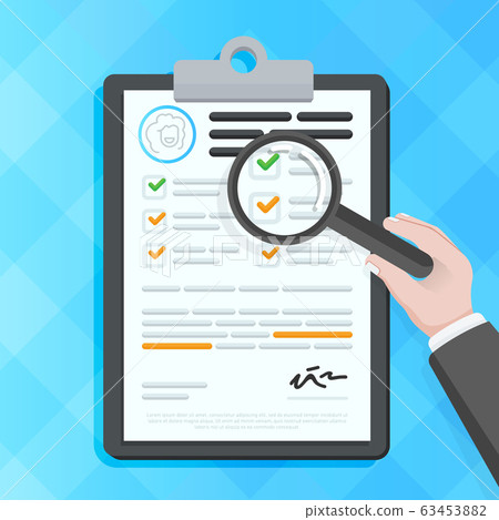 Hand checking papers on clipboard Hand checking papers on clipboard 63453882