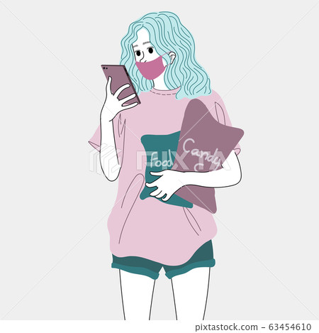 Women wear masks to prevent illness while following social movements.Doodle art concept,illustration painting Women wear masks to prevent illness while following social movements.Doodle art concept,illustration painting 63454610