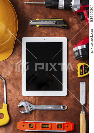 Hand work tools or construction tools top view 025 Hand work tools or construction tools top view 025 63455304