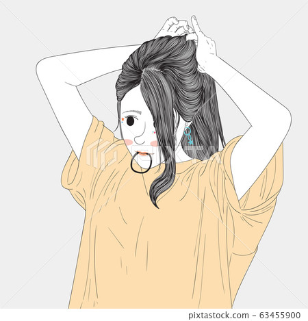 Woman tied her hairstyle in front of a mirror.Doodle art concept,illustration painting Woman tied her hairstyle in front of a mirror.Doodle art concept,illustration painting 63455900