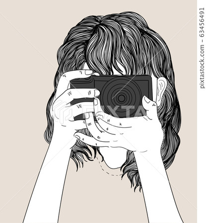 Woman holds a stylish camera and wears a denim jacket.Doodle art concept,illustration painting 63456491