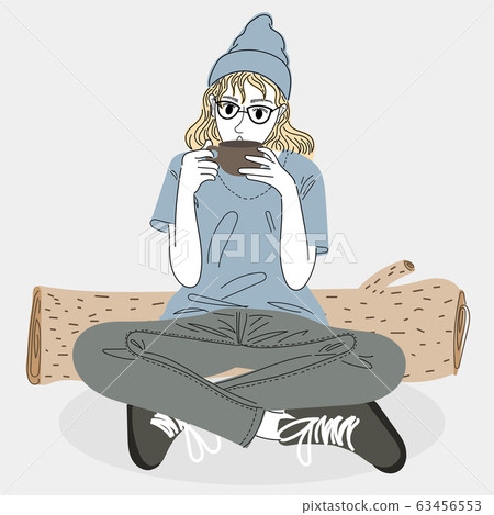 Woman sitting in the forest drinking coffee.Doodle art concept,illustration painting 63456553
