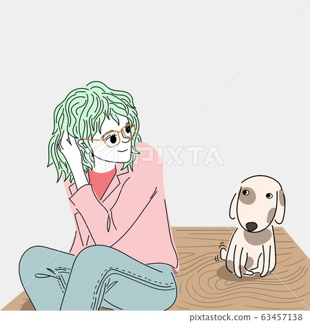 Woman looking at a cute puppy on a wooden table in a restaurant.Doodle art concept,illustration painting Woman looking at a cute puppy on a wooden table in a restaurant.Doodle art concept,illustration painting 63457138