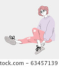 woman was dressed up in modern fashion and she sat on the cement floor in the open air.Doodle art concept,illustration painting 63457139