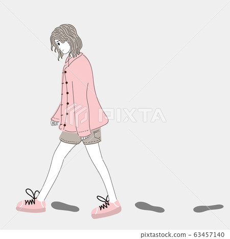 Woman walks outdoors in one of the cities and shadows her footprints.Doodle art concept,illustration painting 63457140