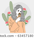 woman stood and ate ice cream at one of the public gardens in the city.Doodle art concept,illustration painting 63457180