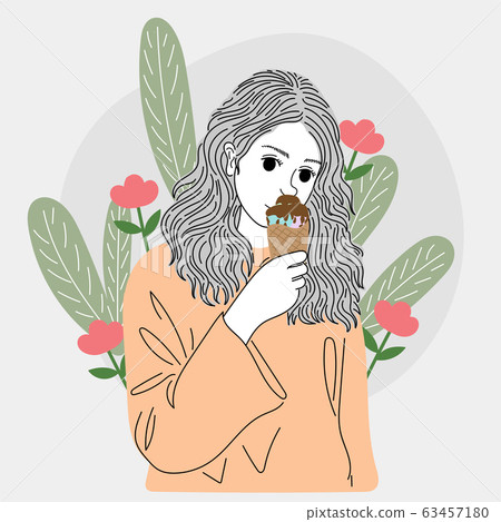 woman stood and ate ice cream at one of the public gardens in the city.Doodle art concept,illustration painting 63457180